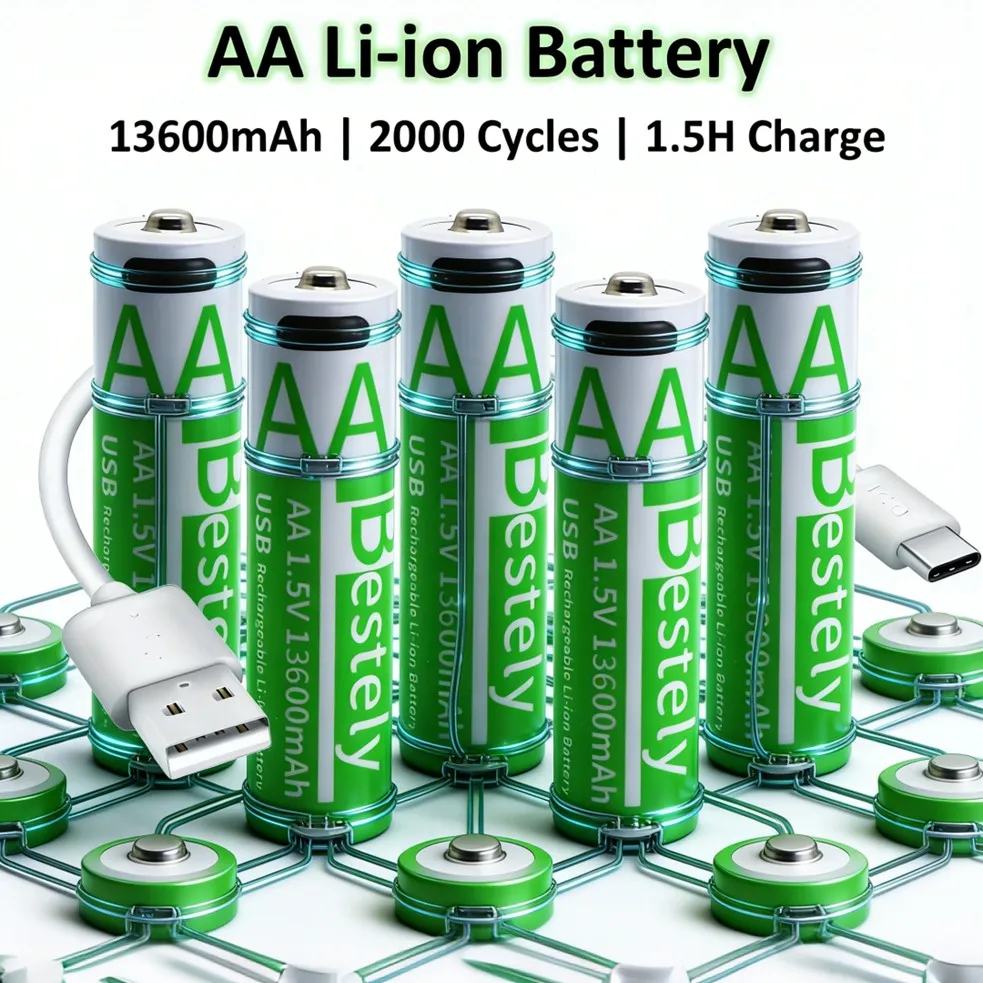 Batterie AA Li-ion Rscrola 13600mAh, batteries rechargeables AA longue durée, 2000 cycles, charge rapide Type-C, longue durée de vie pour les jouets