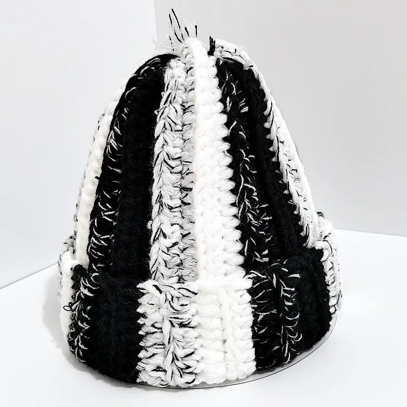 Gorro de lana hecho a mano de color dopamina para mujer, gorro grueso y cálido de Hip-hop para otoño e invierno, jersey para el frío