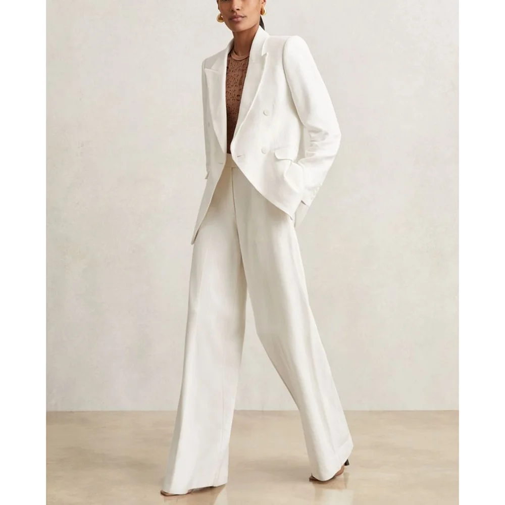 

White Casual Double Breasted Peaked Lapel Woman Suits 2 Pieces Blazer+Pants Set Casual Party Sets Office Lady Daily Sets