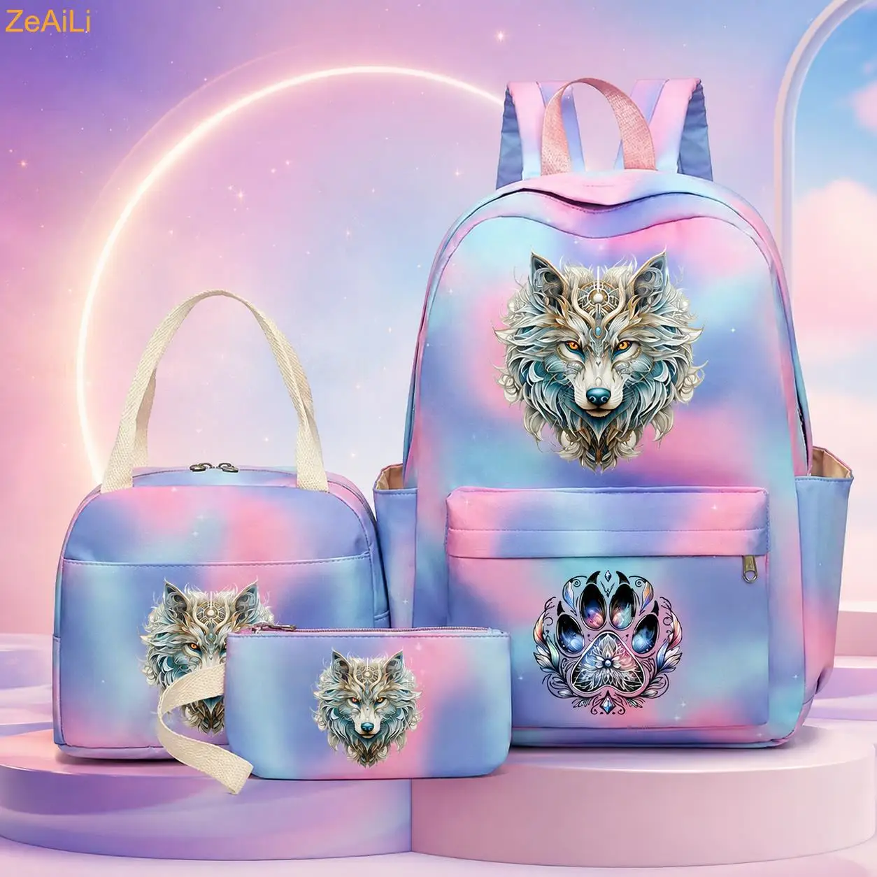 3Pcs/Set Retro Wolf Head Paw Student Girls Schoolbag Colorful Backpack with Lunch Bag Children Teenager Cartoon School Bookbag