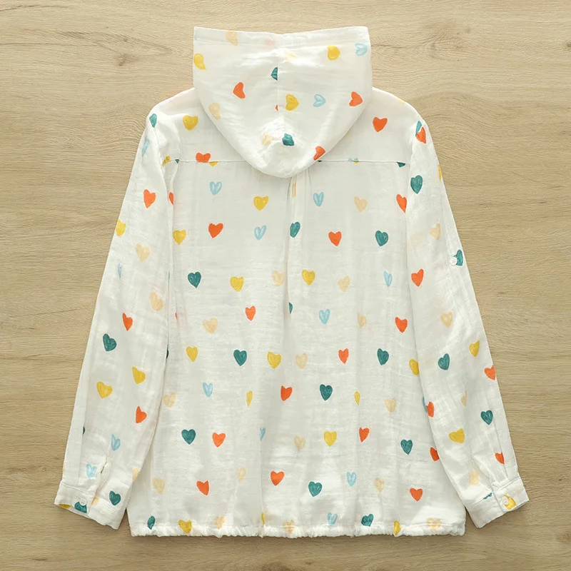 New 2025 Autumn Cotton Hooded Shirt, Women Long Sleeve Love Print, Mori Girl Sweet Japan Style Sunscreen Loose Blouse T57816CC