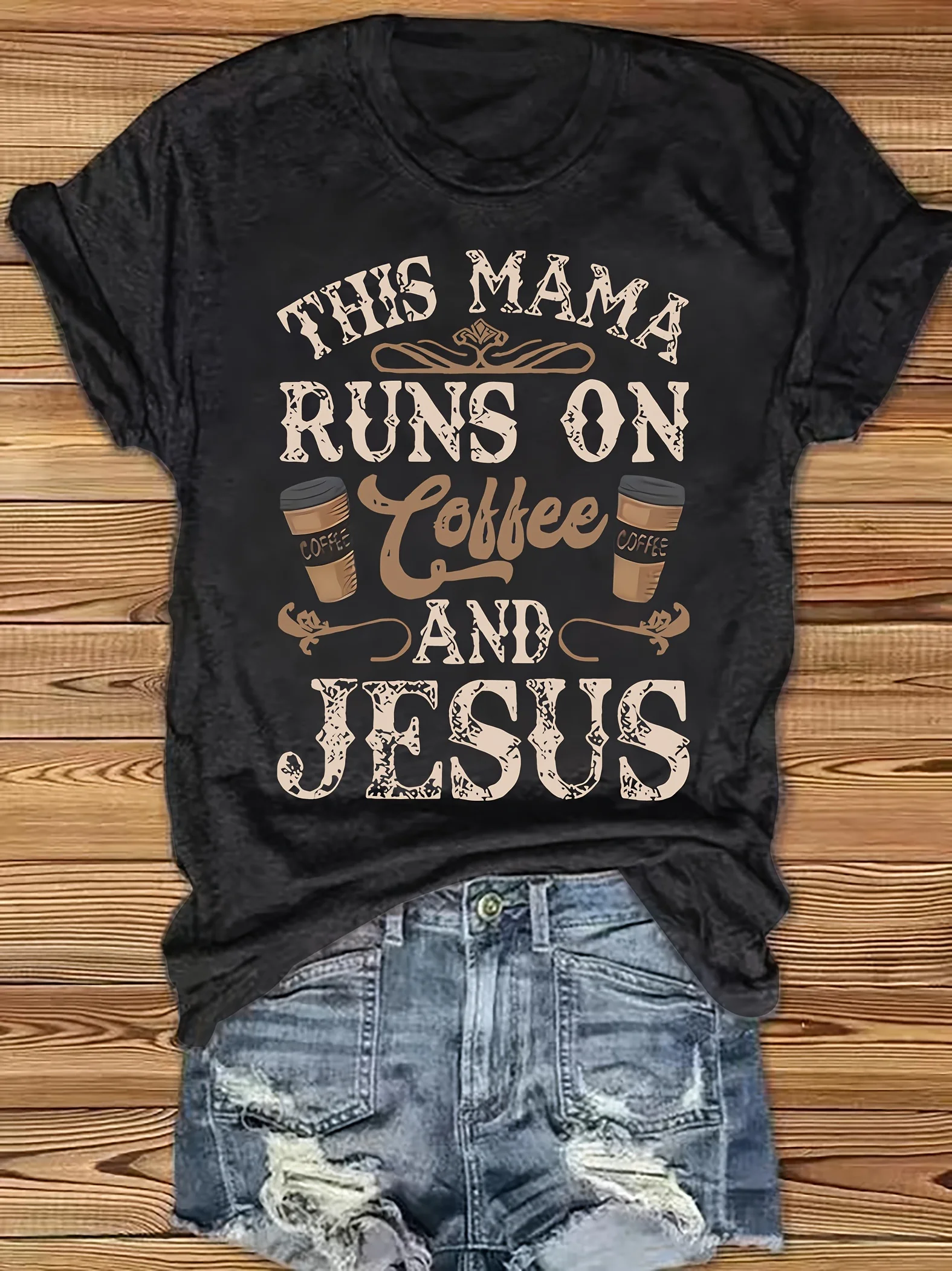 알파벳 커피 프린트 여성용 반팔 여름 원피스 핏 버전 크루넥 티셔츠