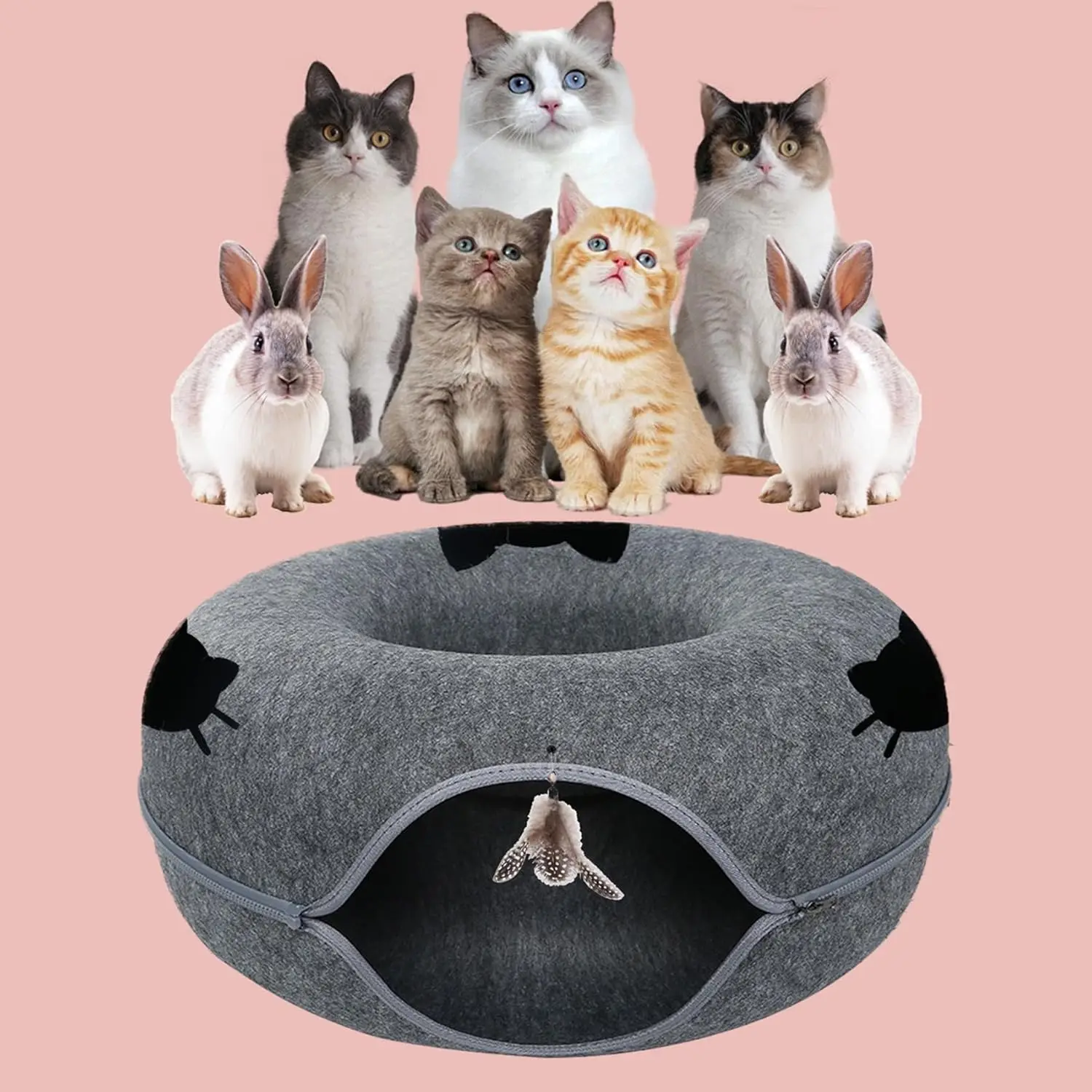 Large  Tunnel Bed with Skylight Design for Indoor Cats, Donut  Bed with One Toy, Hard Felt  Tunnel Suitable for All Seasons, Con