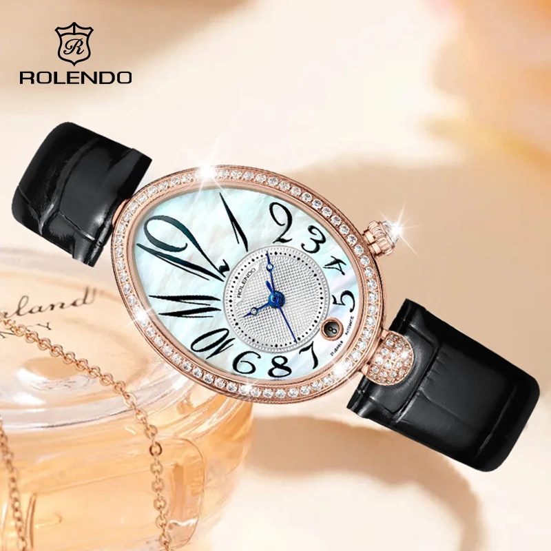 ROLENDO Orologio automatico di lusso con diamanti incastonati per donna Quadrante ovale in madreperla Calendario Cinturino in pelle 3ATM Movimento gabbiano Regalo