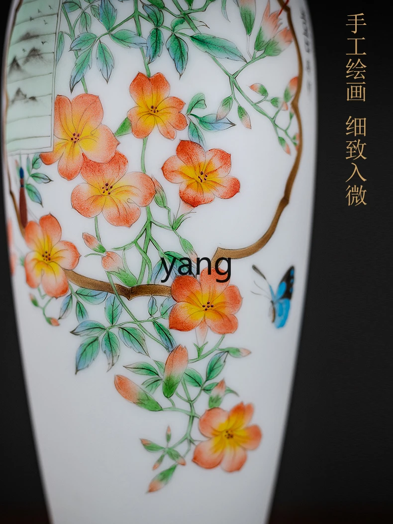 LXL White Jade Porcelain Hand Painted Vase Chinese Living Room Home Ornaments Flower Arrangement Decoration