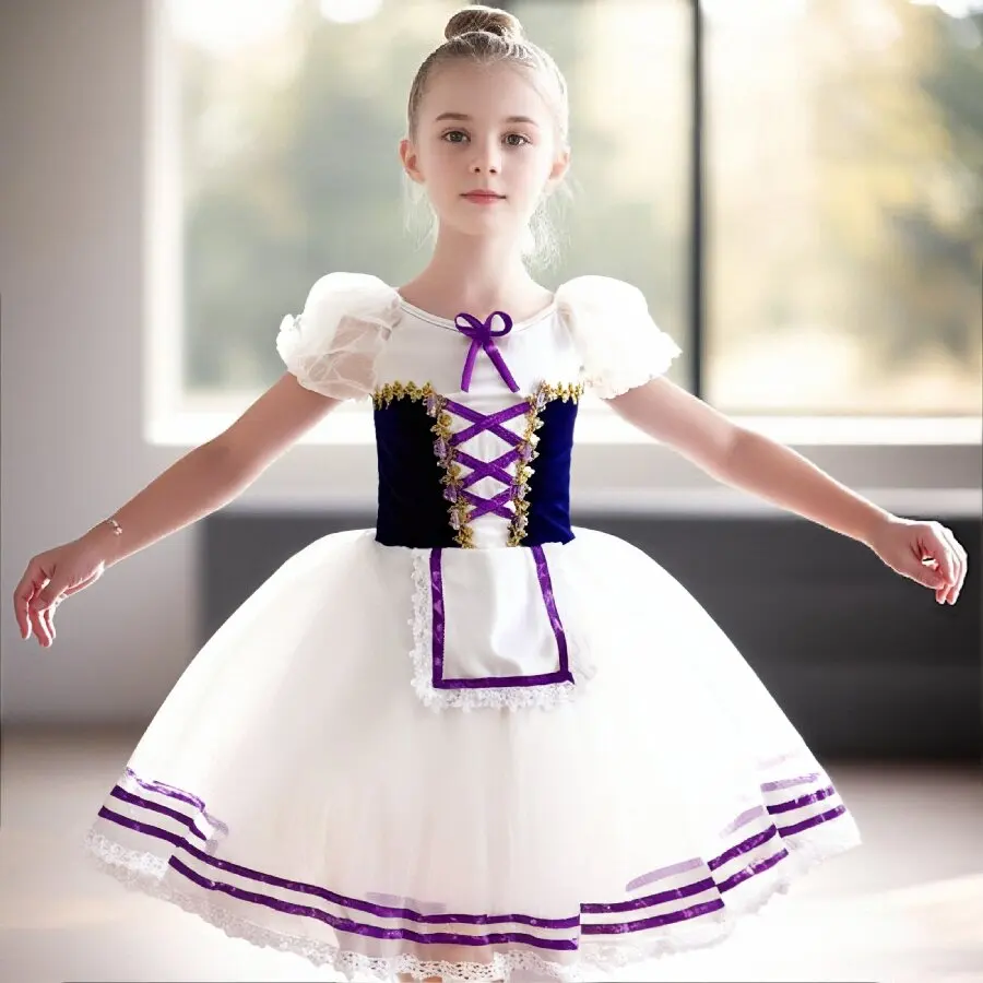 Vestido Tutu Ballet infantil, Vestido longo com mangas de babados, Trajes de Dança, Vestido Bailarina, Estilo Romântico, Meninas