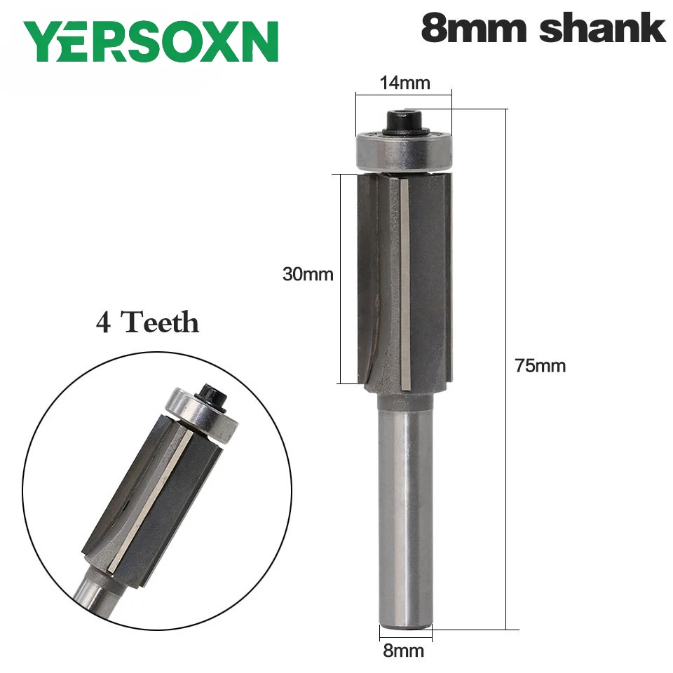 1Pc 4 Teeth Router Bit Extra Long Bearing Woodworking Tools Milling Cutter 8mm Shank Wood Router Cutter 30mm Blade 14mm Bearing