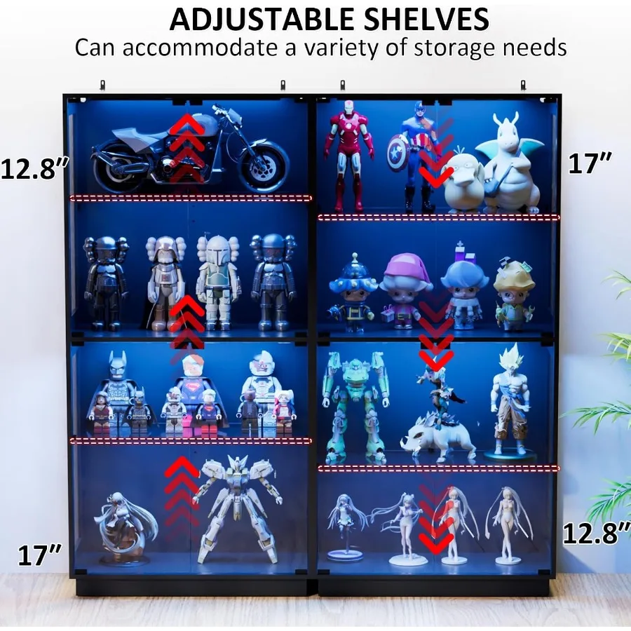 Display Cabinet with Glass Doors 4 Tier Glass Display Case with RGB LED Lights for Collectibles, Adjustable Shelves, Black, for view 6