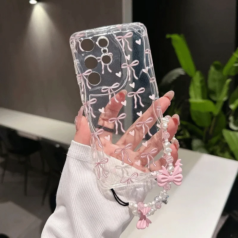 Pink Bowknot Chain Phone Case For Samsung Galaxy S25 FE S24 S23 S22 Ultra Plus FE A56 A55 A16 A06 A17 A53 5G cover Clear  Soft - náhled 2