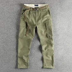 2024 Autumn New American Retro Woven Cargo Pants Men's Simple 100% Cotton Washed Multi Pocket Straight Casual Trousers with Belt