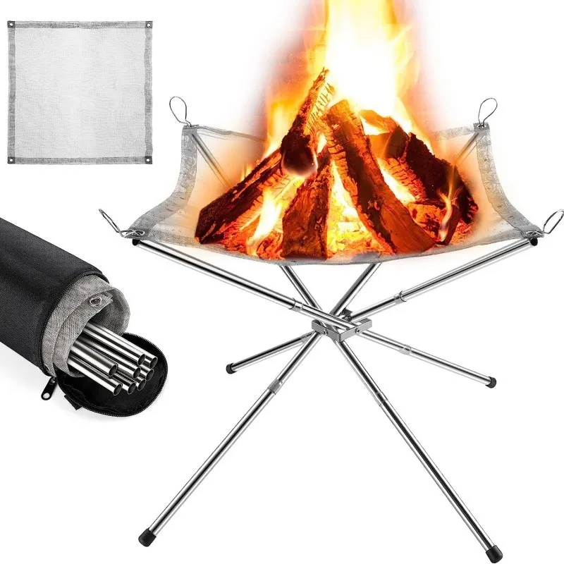 Outdoor Portable Fire Pit Collapsible Campfire Stand BBQ Stainless Steel Grill Foldable Camping Grill for Patio Backyard Garden