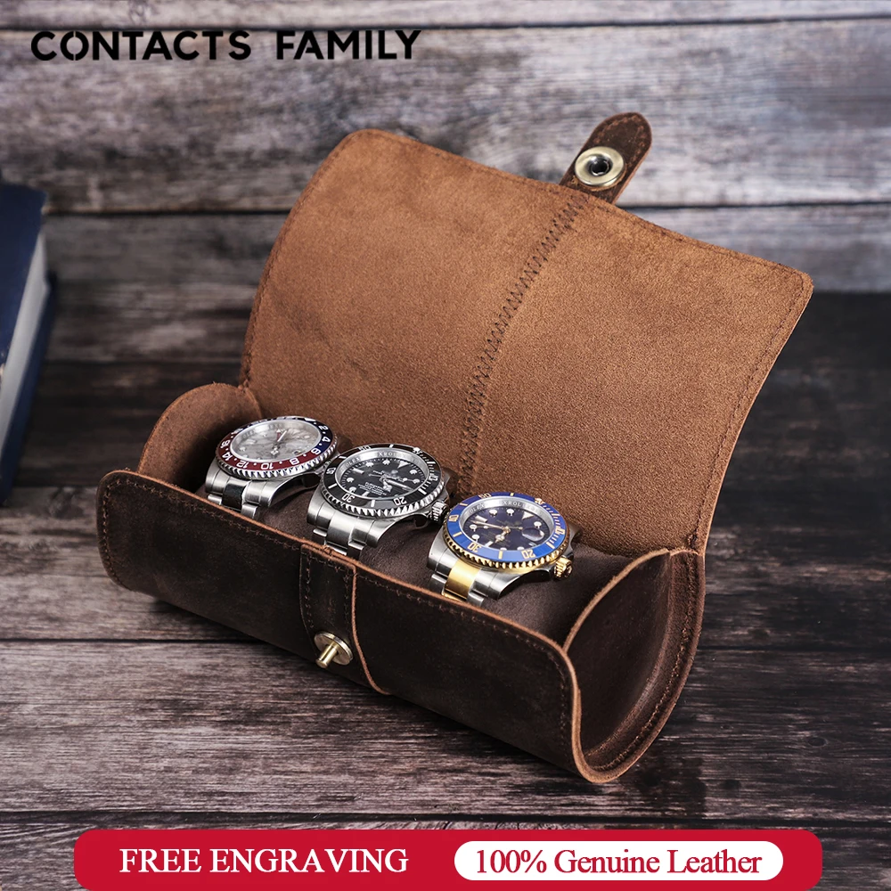 CONTACT'S FAMILY 3 Slot Men Watch Roll Case Leather Display Watches Box Organizer Travel Storage Pouch Holder for Man Women Gift