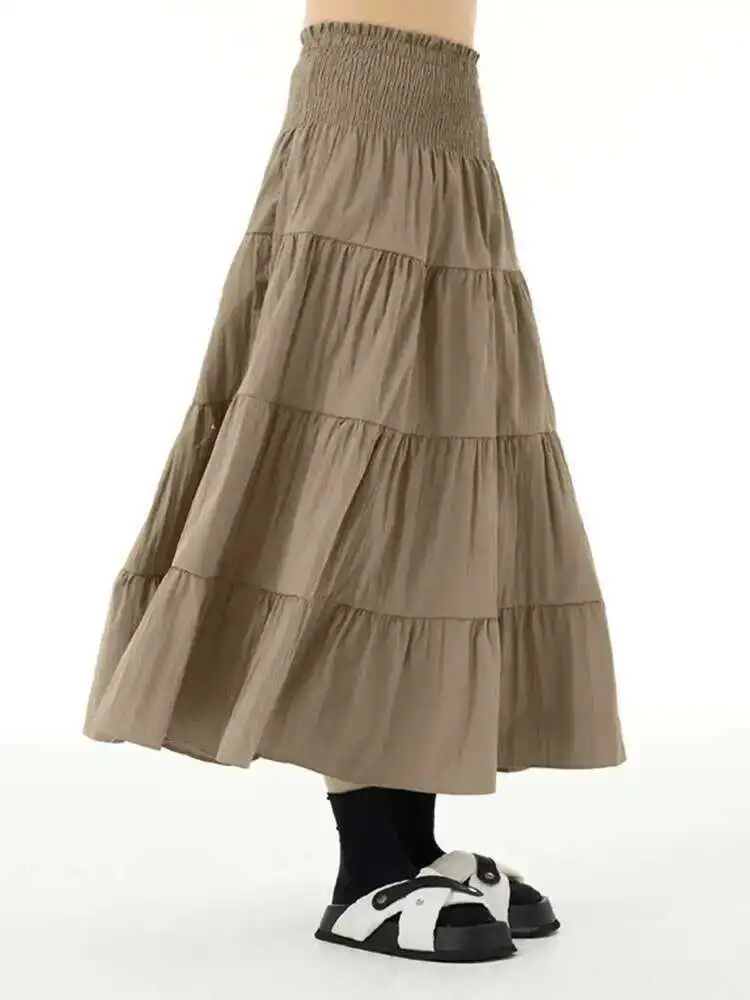 مرونة عالية الخصر الكاكي مطوي أنيقة ميدي ألف خط نصف الجسم تنورة المرأة موضة المد ربيع الخريف الجديد