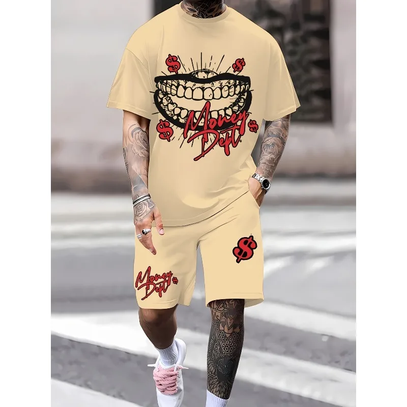 2025 3D Pattern T-shirt Shorts Set for Casual Men's Outdoor Sports Summer Fashion Trend Street Polyester Fiber Wear Daily