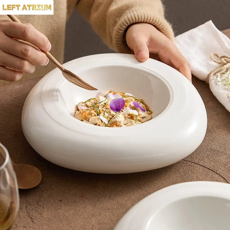 Creative Double-layer Ceramic Insulation Western Food Dish Hotel Features Anti-scalding Western Tableware White Wire Drawingdisc