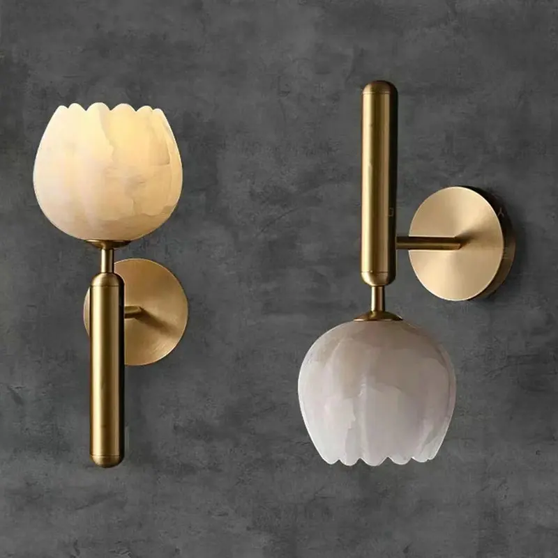 

Art Deco Natural Marble Wall Lamp Flower Shape Brass E14 Bulb Lighting Fixtures For Parlor Bedroom Stairs Aisle GN127YU