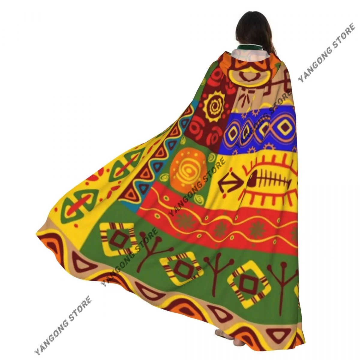 

Adult Halloween Abstract Ethnic Ornaments Cloak Cape Hooded Medieval Costume Full Length Dress Coat
