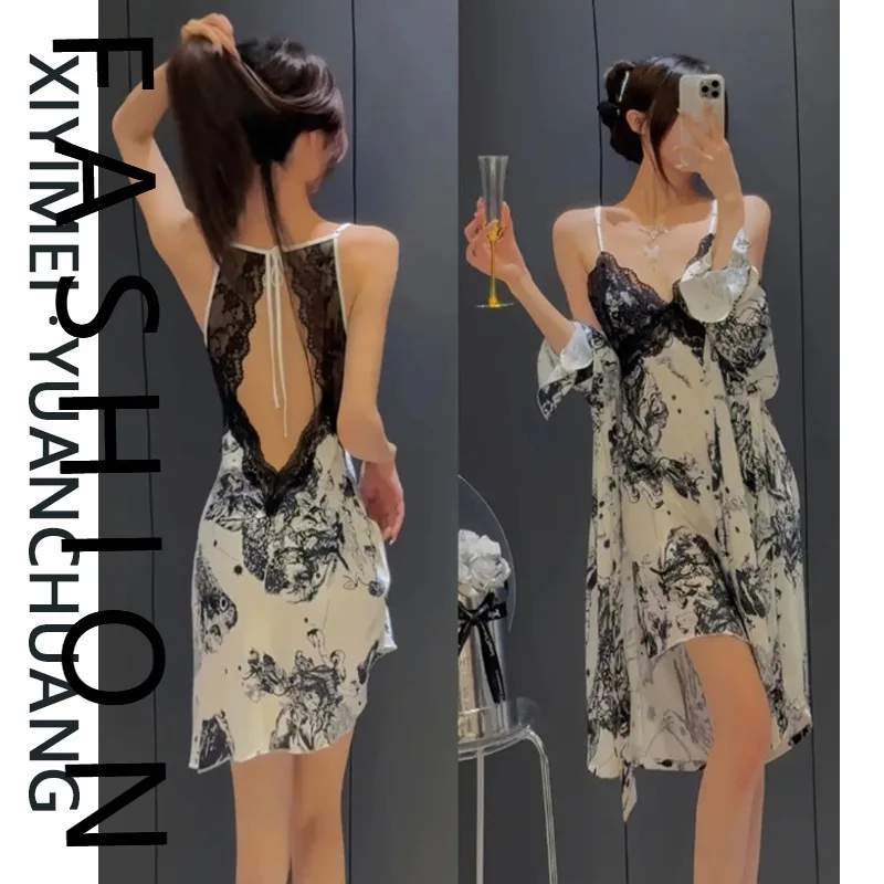 

Spring and Autumn Pajamas Women's Ice Silk V-Neck Suspender Pajamas Two-piece Set Summer Pure Desire Sexy Pajamas with Chest Pad