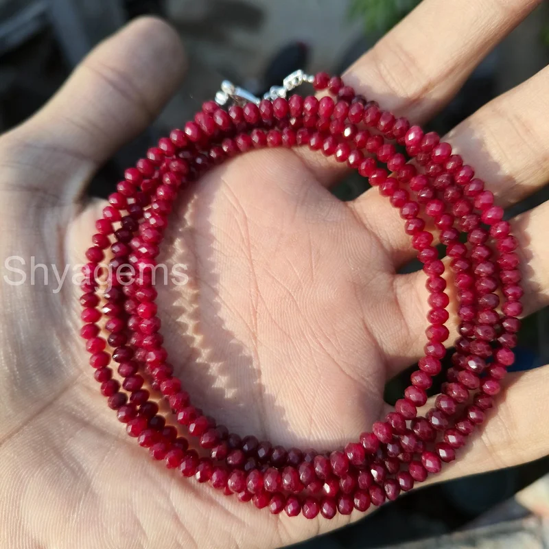 Red 4mm Faceted Beads , Dainty Ruby Gemstone Necklace