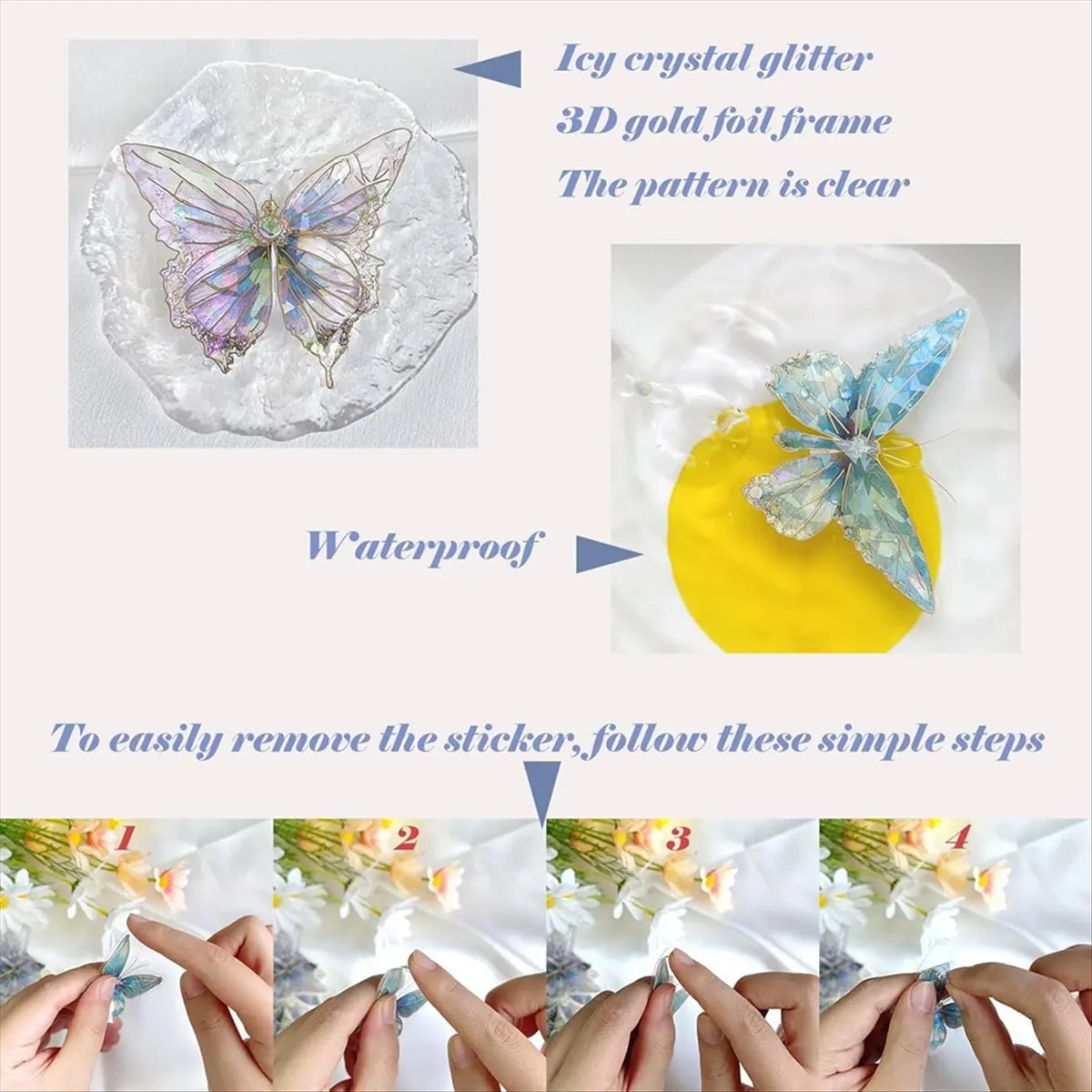 DIGITALBUY Holographic Butterfly Stickers Bulk - 160Pcs Crystal Glitter Transparent 3D Gold Foil Outlining for Crafts