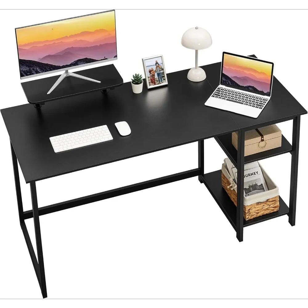 Computer Home Office Desk with Monitor Stand and Reversible Storage Shelves,55 inch Modern Simple Writing Study PC Work Table