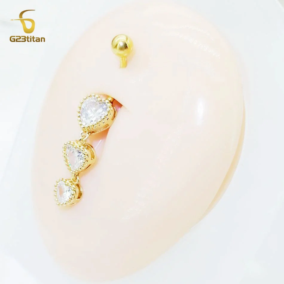 G23titan Zircon Heart Dangle Belly Button Rings 14G Allergy-free Titanium Steel Curved Barbell Women Sexy Navel Piercing Jewelry
