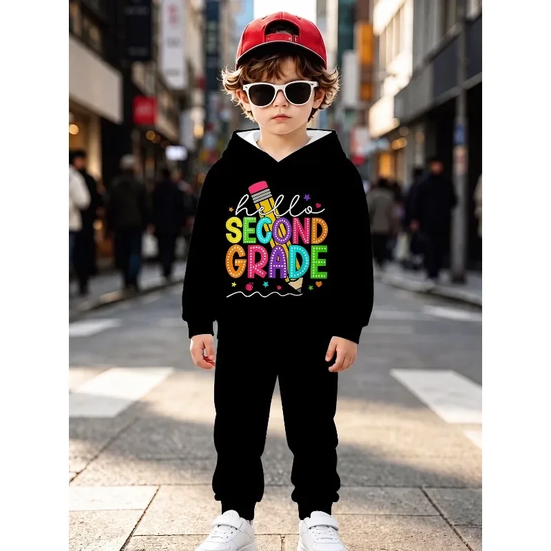 Boys Hooded Jogger Tracksuit, Hello Second Grade Pencil Print, Firefighters Baseball & Flame Stripe Kids Casual Outfit