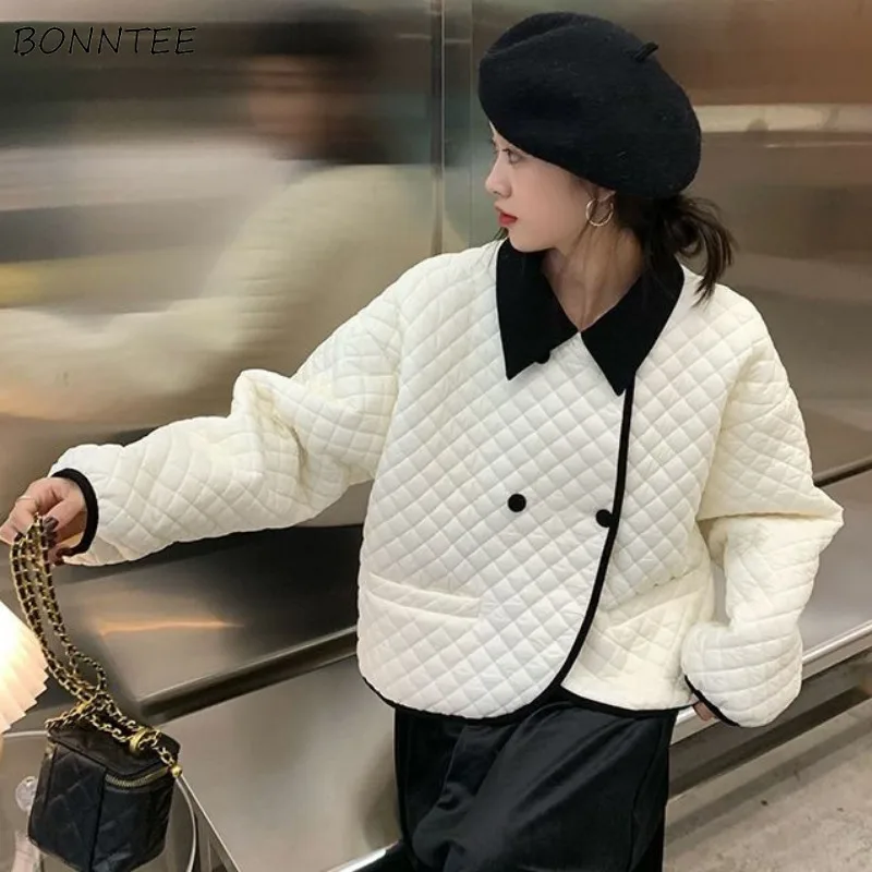 Down Parkas Coats Women Diamond Check White Black Korean Charming Chic Gentle Elegant All-match Daily Stylish Female Fall Winter