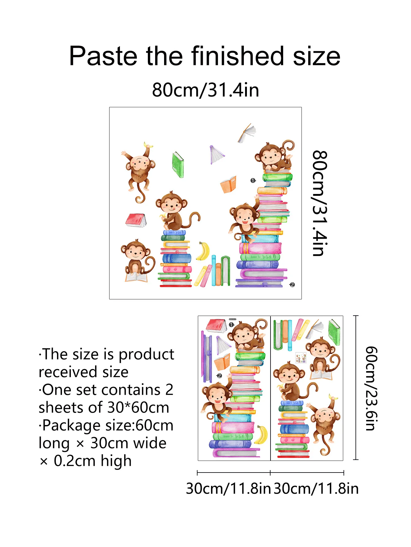 2pcs Cartoon Animal Monkey Book Wall Sticker Living Room Bedroom Living Room Bedroom Restaurant Decorative Mural Wall Sticker