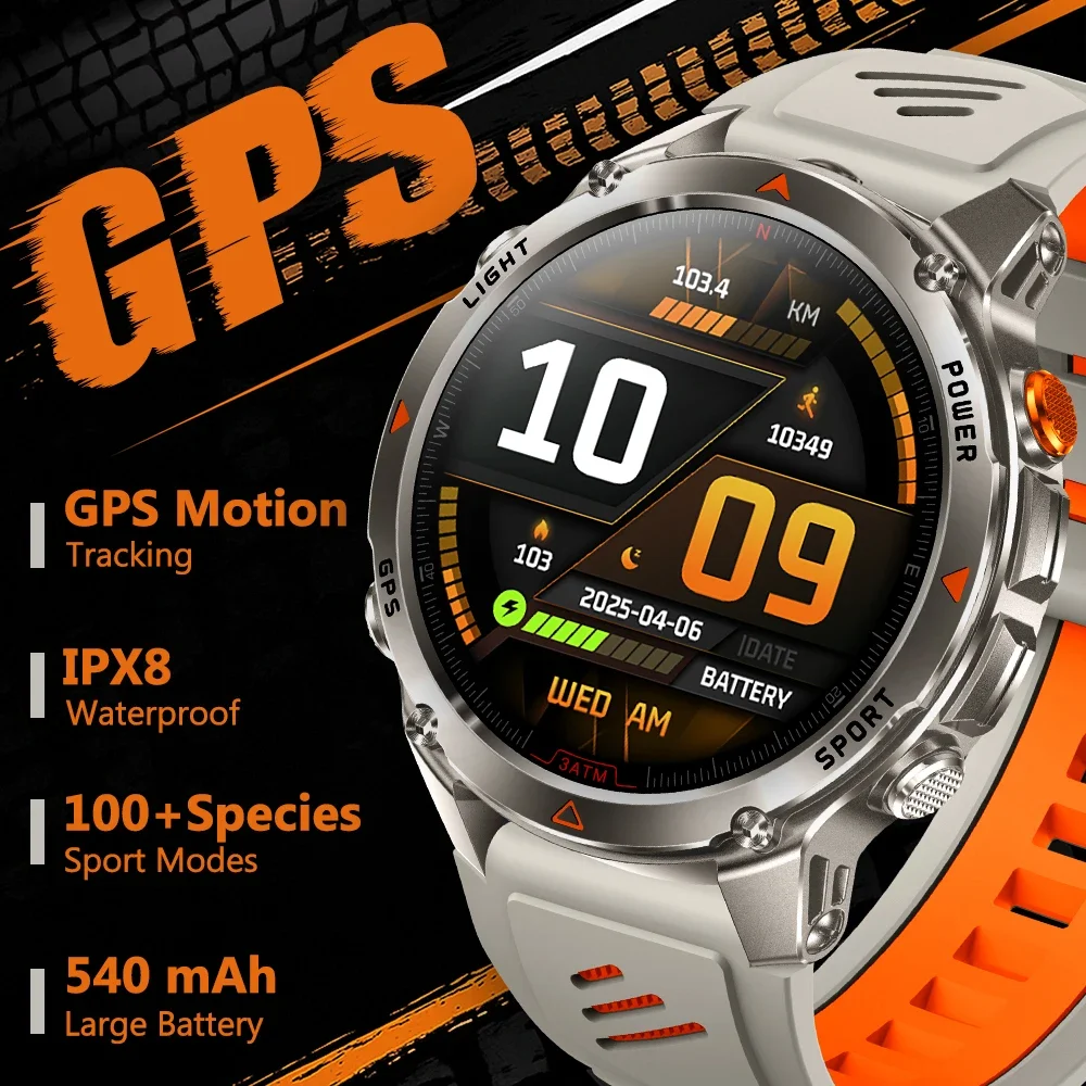 

2025 Новые спортивные умные часы GPS 1,46 "HD светодиодный фонарик 540 мАч мужские 100+ спортивные 3ATM водонепроницаемые умные часы с компасом и беспроводным вызовом