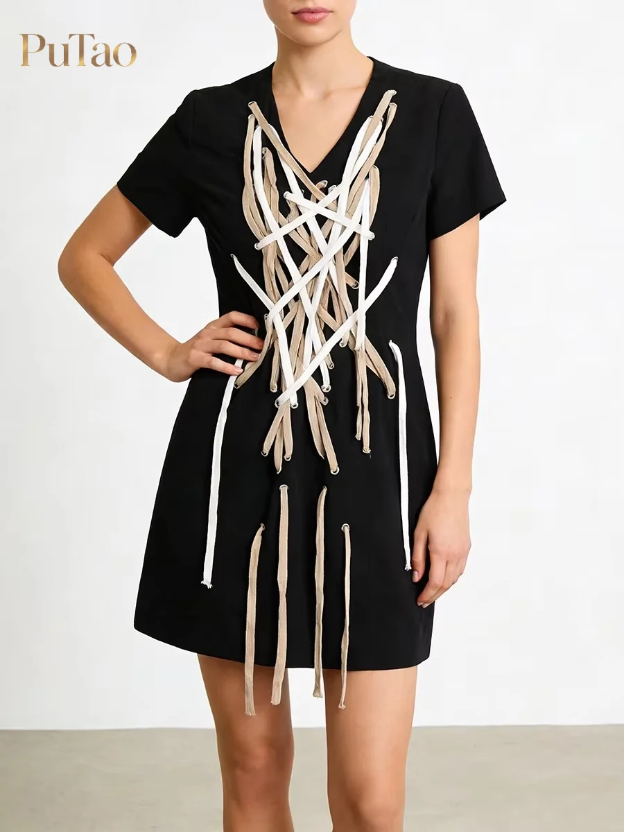 PuTao Women V Neck Short Sleeve Mini Dress Color Contrast Cross Bandage Tassel Slim Black Dress Streetwear Designer Party