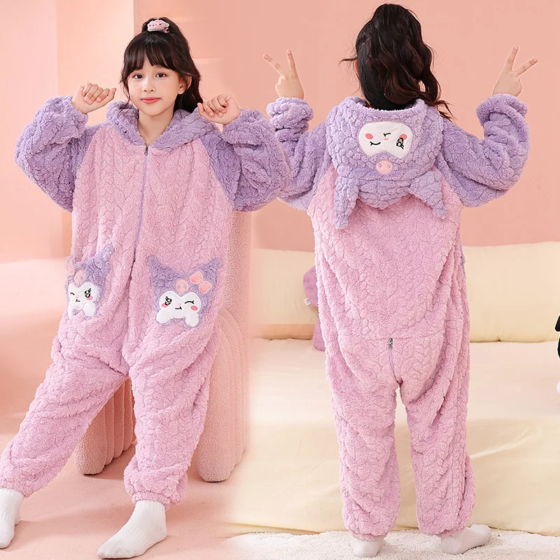 الشتاء Kawaii Kuromi ميلودي الاطفال أفخم بذلة منامة أنيمي سانريو الكرتون فتاة عادية المضادة للركلة ملابس منزلية دافئة ملابس نوم لطيف