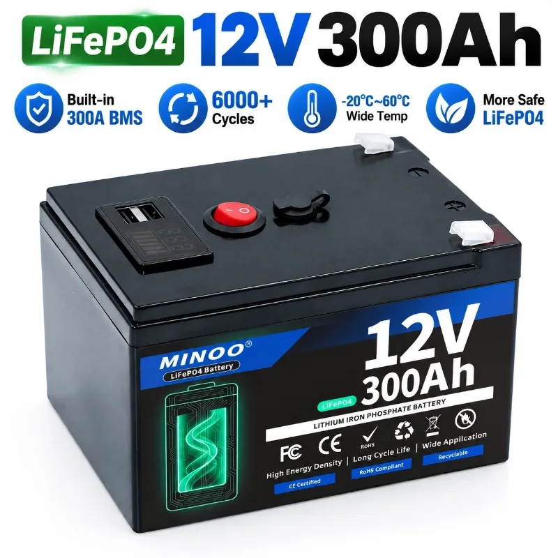 LiFePO4 12V 200AH 12V 300AH  Battery Free Charger 12V Lithium Battery Built-In 300A BMS 6000+ Cycle For Solar RV Marine Energy