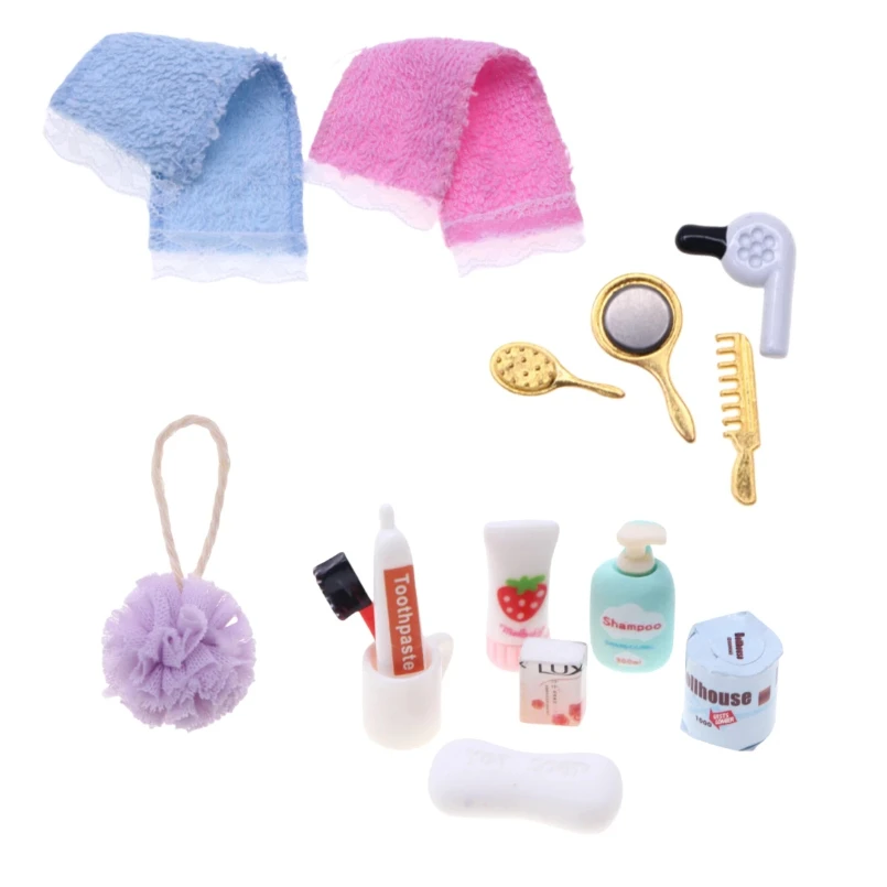 

Dollhouse Miniature Bathroom Accesso Kit Simulation Hairdryer Comb Toothpaste Toothbrush Mini Towel Bath Ball Shower Gel Soap