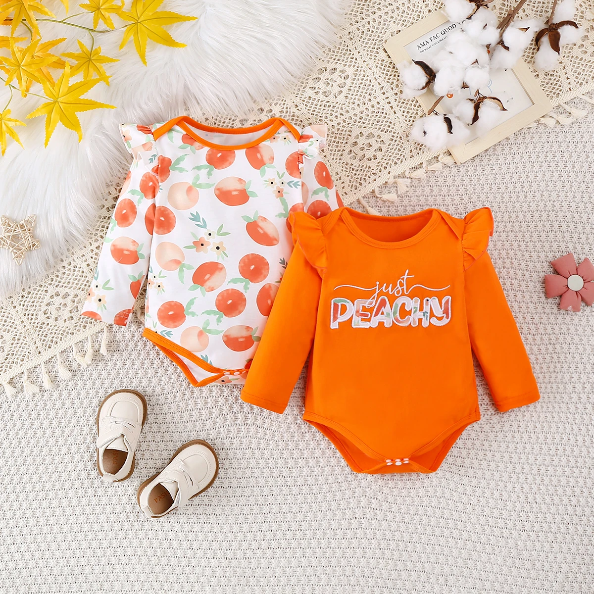 

2-piece combination set baby girl baby fashionable casual fruit pattern printed long sleeved triangular jumpsuit autumn