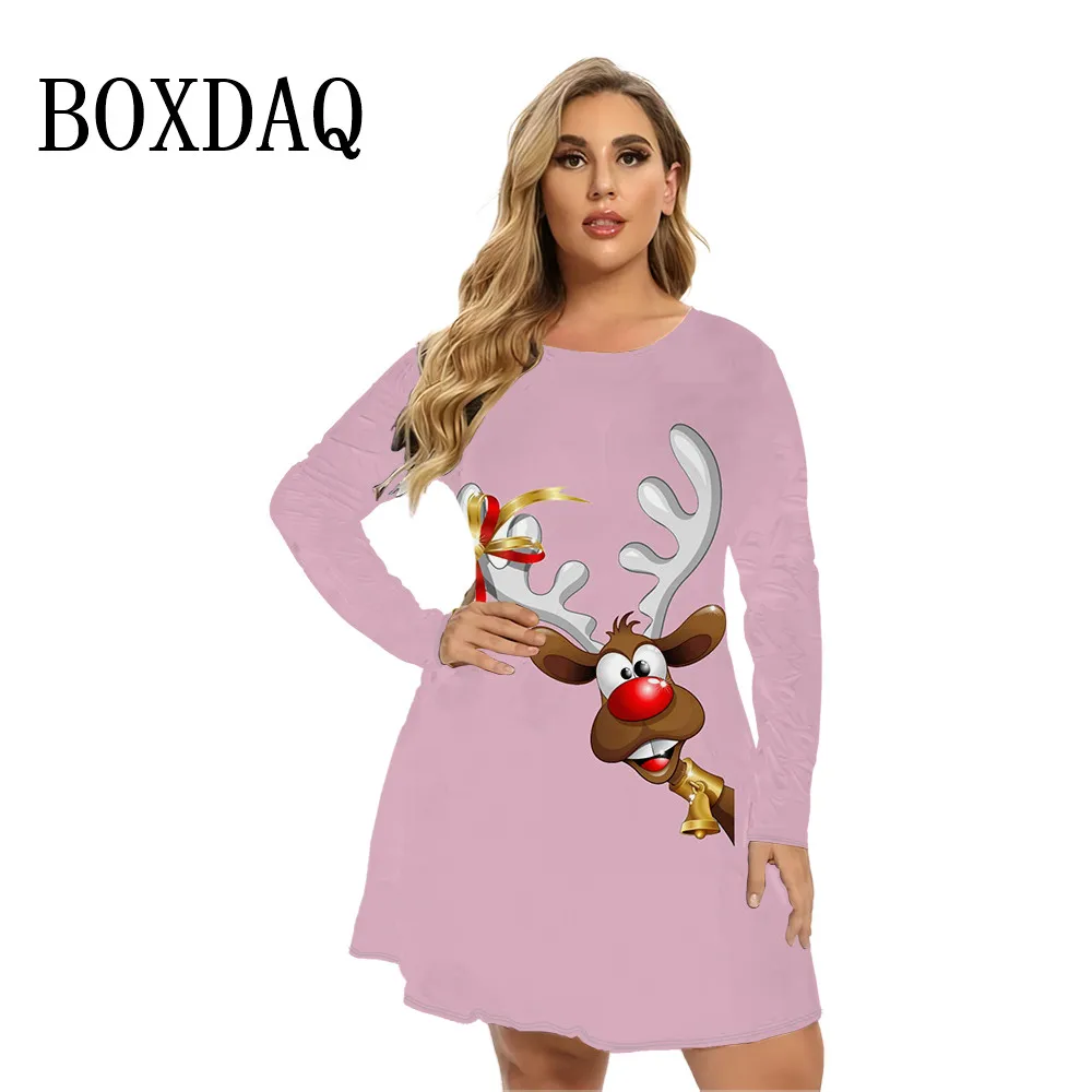 Christmas Party Winter Clothing For Women Santa Claus 3D Print Long Sleeve A-Line Dress Sweet Cute Casual Loose Plus Size Dress