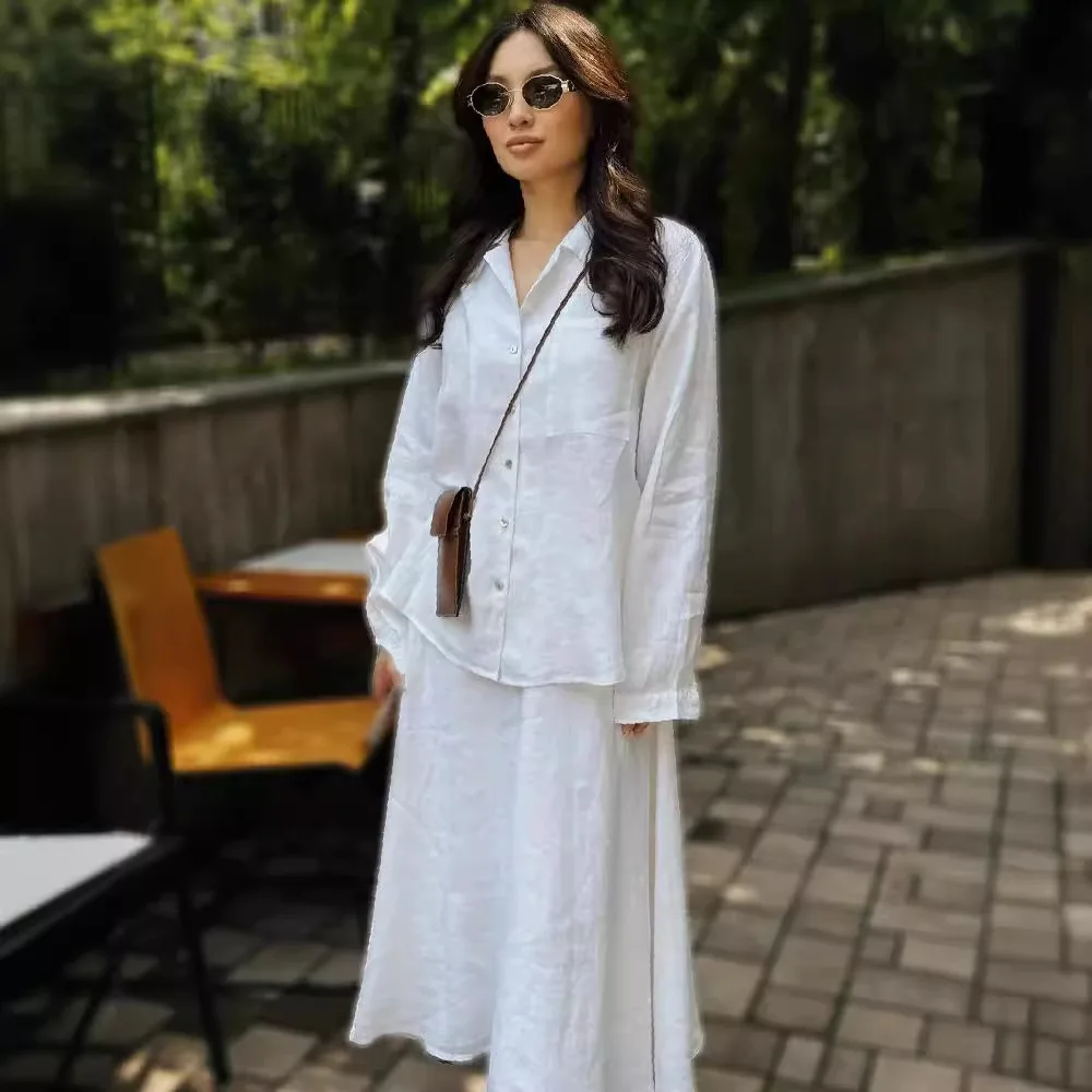 Women 2 Piece Set Blouse Long Skirt Suit Pockets Single Breasted Top Muslim Arabic Skirts Outfits Morocco Dubai Casual Ensemble 2