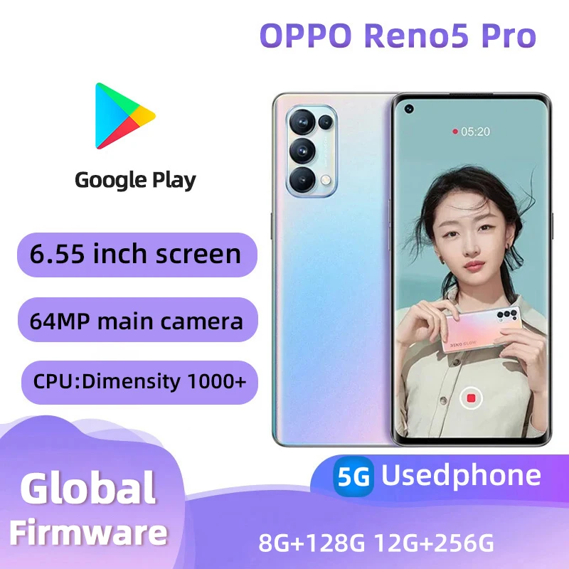 oppo Reno5pro 5G Android CPU MediaTek Dimensity 1000+ 6.55 inch Screen 12GB RAM 256GB ROM 64MP camera All Colours used phone