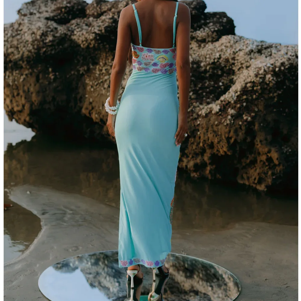 두베스티 여성 스팽글 불가사리 조개 프린트 맥시 드레스 슬리브리스 스퀘어넥 백리스 슬림핏 외출 탱크 드레스 파티 클럽