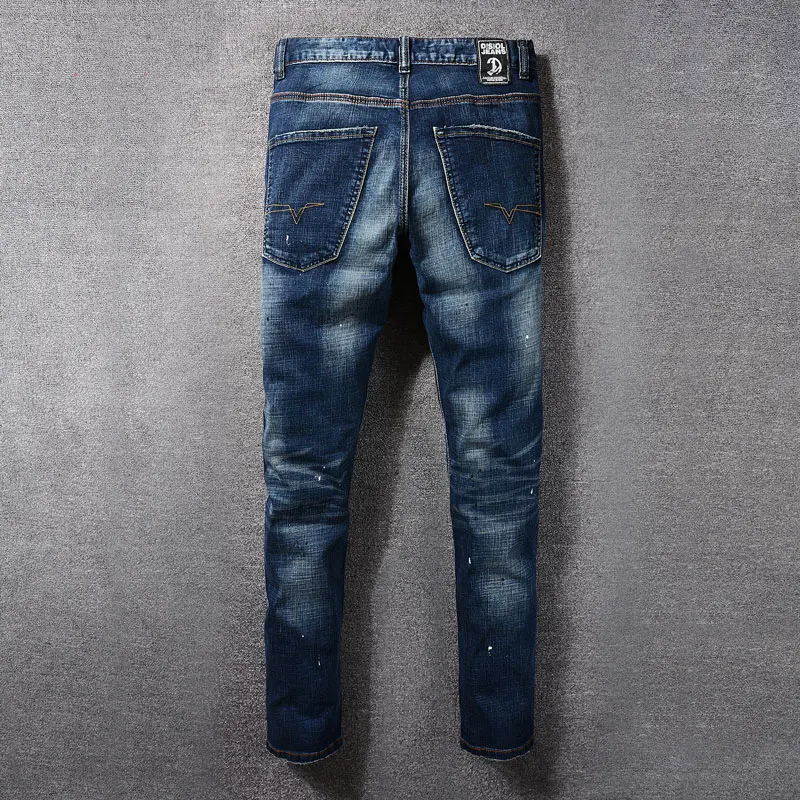 Fashion Designer Men Jeans High Quality Retro Dark Blue Stretch Slim Fit Painted Ripped Jeans Men Vintage Denim Pants Hombre