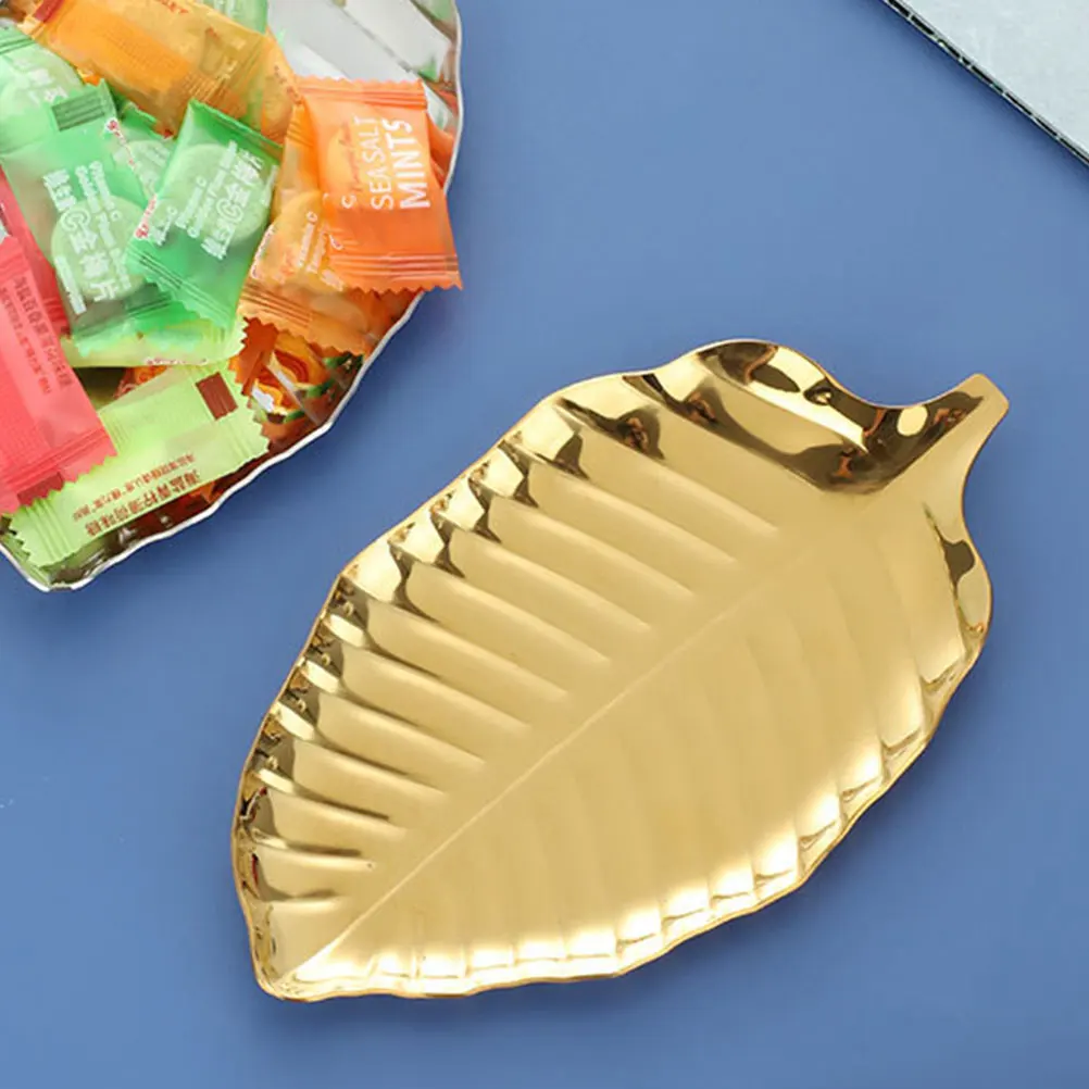 

304 Stainless Steel Snack Tray Rack Leaf Shape Storage Jewelry Plate Golden Large Capacity Serving Food Drink Dessert Decorative