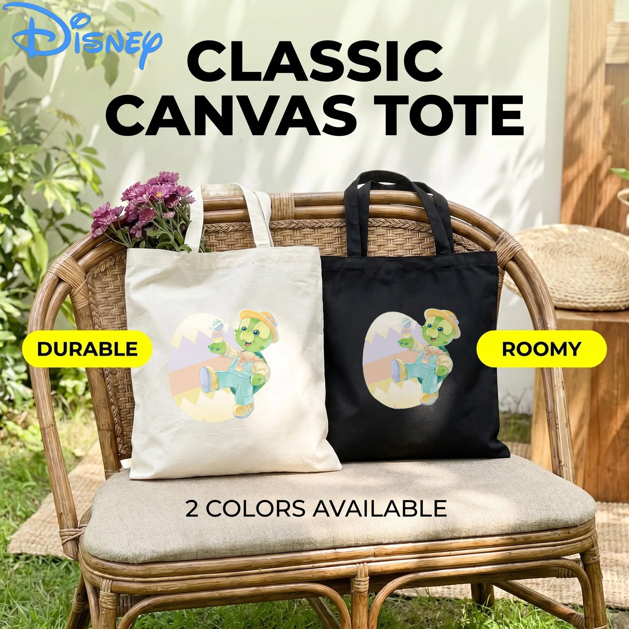 1PC Disney OluMel Easter Egg Backoverall Canvas Tote Bag, Straw Hat Green Turtle Eco Grocery Shopping Bag