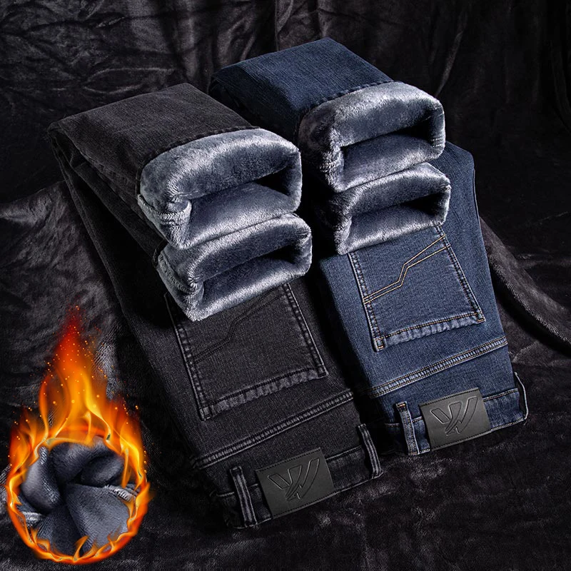 

Зимние мужские флисовые толстые теплые джинсы, универсальные однотонные повседневные брюки, прямые классические ретро-модные бархатные эластичные джинсовые брюки