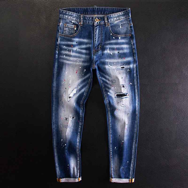 

Street Fashion Men Jeans Retro Washed Blue Stretch Slim Fit Vintage Ripped Jeans Men Painted Designer Hip Hop Denim Pants Hombre