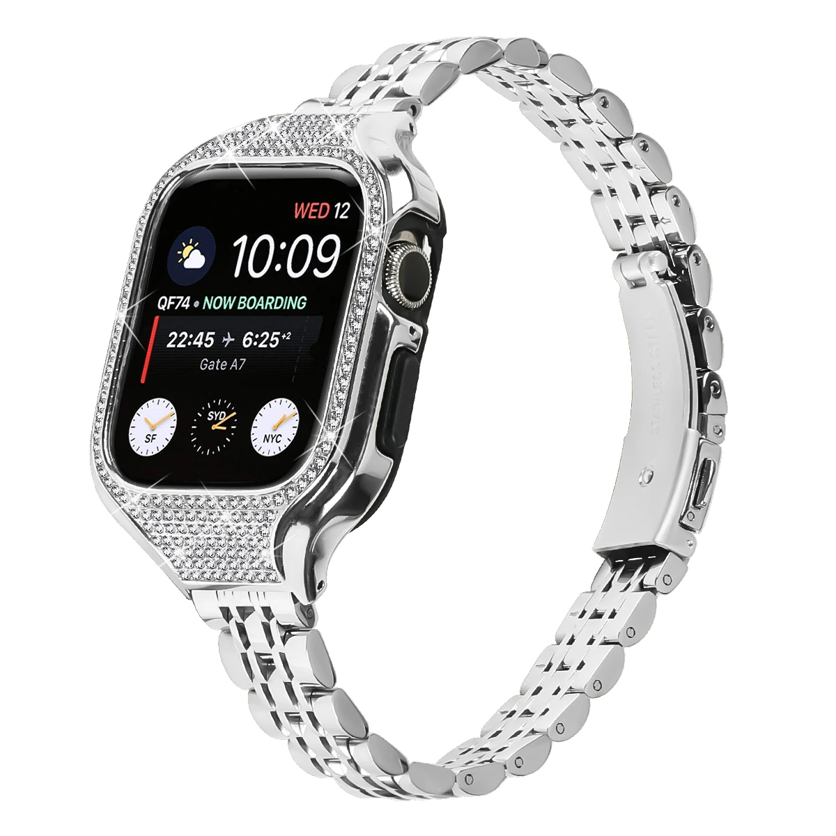 Correa de metal de compra a granel con caja de reloj para Apple Watch Series 9 8 7 41 mm, correa de reloj de acero inoxidable plateada de 7 cuentas