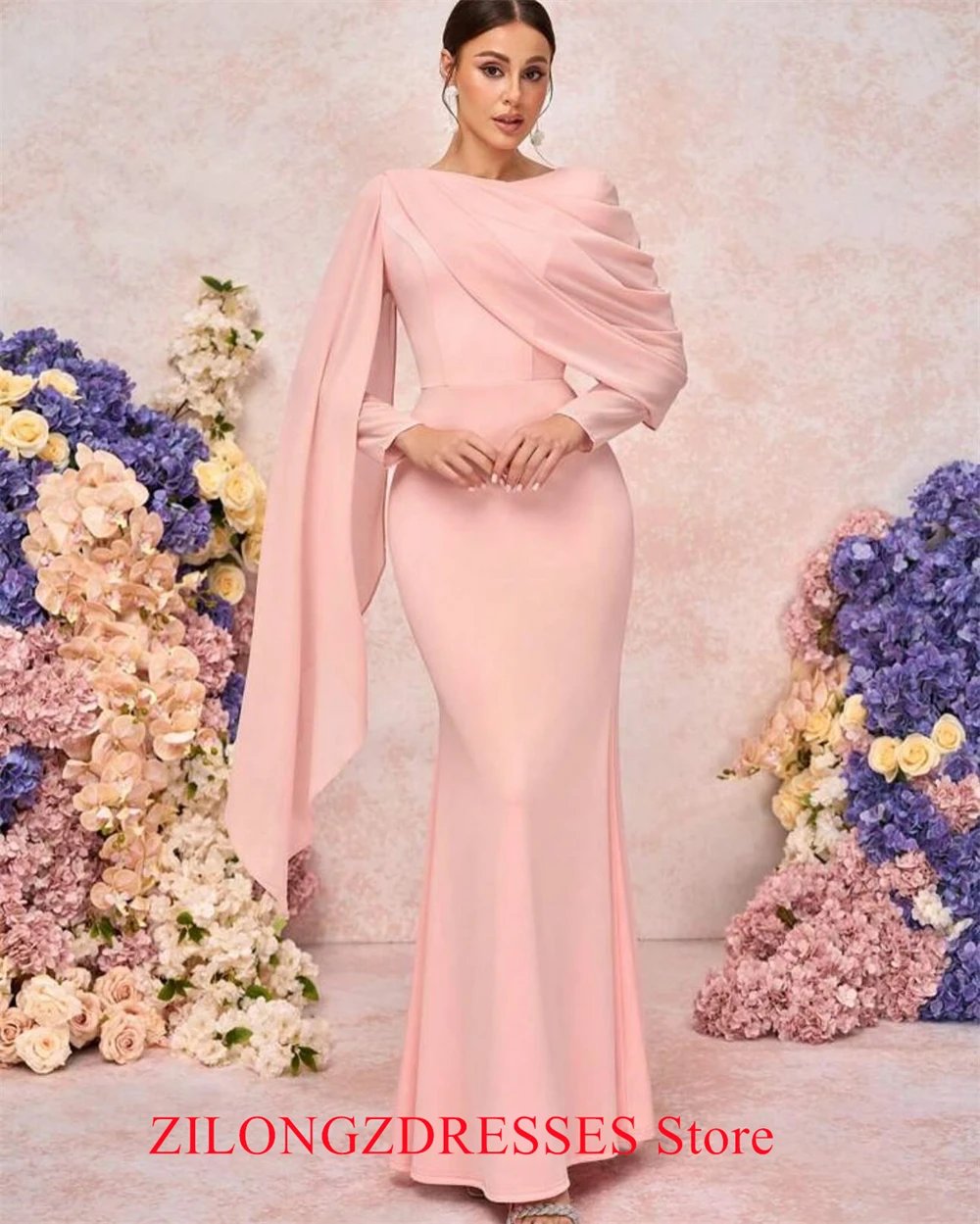 Customized  Mermaid Simple Pink Jersey Evening Dress Elegant Long Sleeves Homecoming Dresses Modern Special Occasion Go image 4