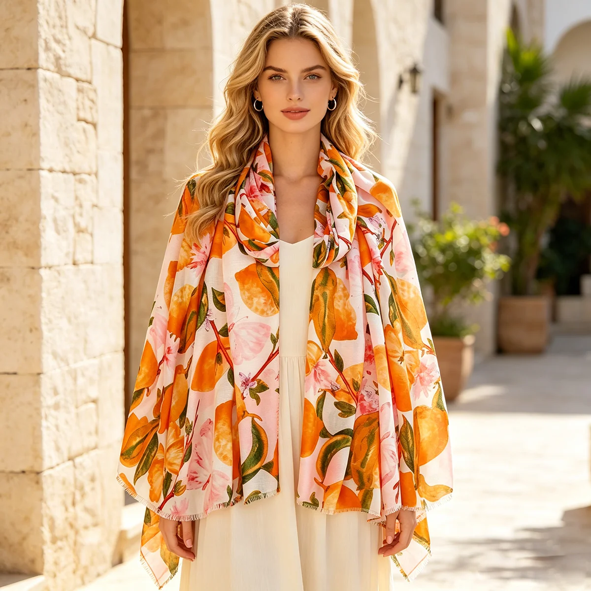 Women's Orange Fruit Floral Printed Scarf, Lightweight Long Shawl with Butterfly Pattern, 180x88cm Elegant Neck Wrap for Daily C