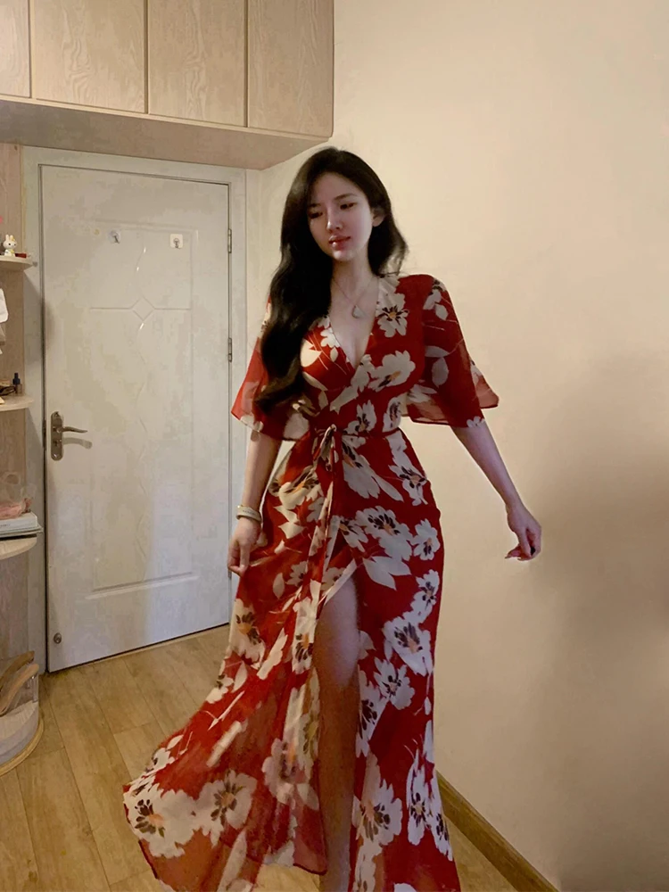 

plus Size Retro Spicy Print Dr Women's Flared Waist Cut out Holiday Long Skirt Korean Sle Commute High Waist A-Line Dr