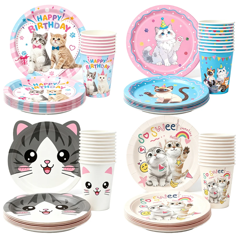 10/30/50Pcs Cute Cat 7inch Paper Plates Cups Kitten Print Disposable Tableware Pet Cat Theme Birthday Party Baby Shower Supplies