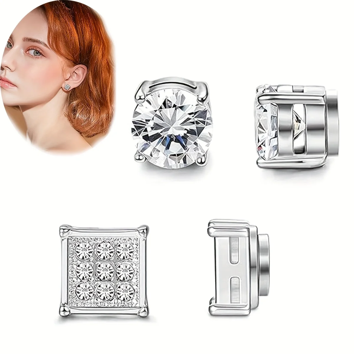 2 Pairs Crystal Strong Magnetic Ear Stud Clip Earrings for Men and Women Punk Round Zircon Magnet Earrings Non Piercing Jewelry